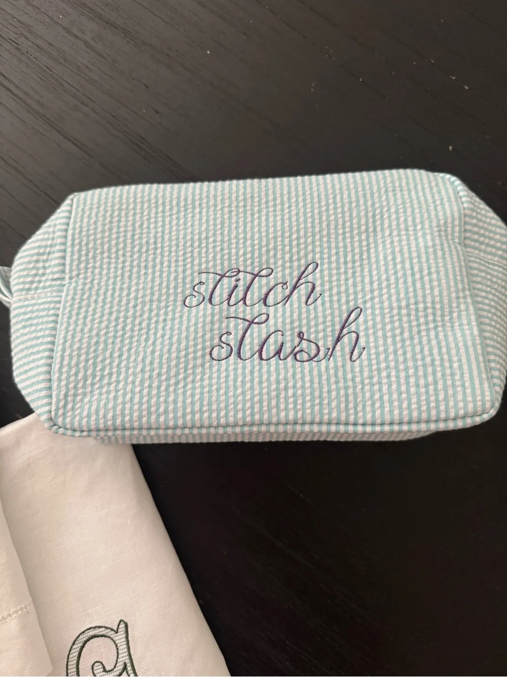 Embroidered 'stitch stash' Seersucker zippered bag pouch - needlepoint
